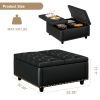 Large square storage stool with two storage doors, footstool for living room Studded mid-century modern coffee table, black PU leather