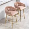 26'' Counter height bar stools Set of 2 kitchen island counter bar stool with hand- wave back,golden chromed base and footrest(PINK)