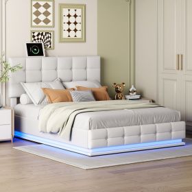 Tufted Upholstered Platform Bed with Hydraulic Storage System,Queen Size PU Storage Bed with LED Lights and USB charger, Black (Color: White)